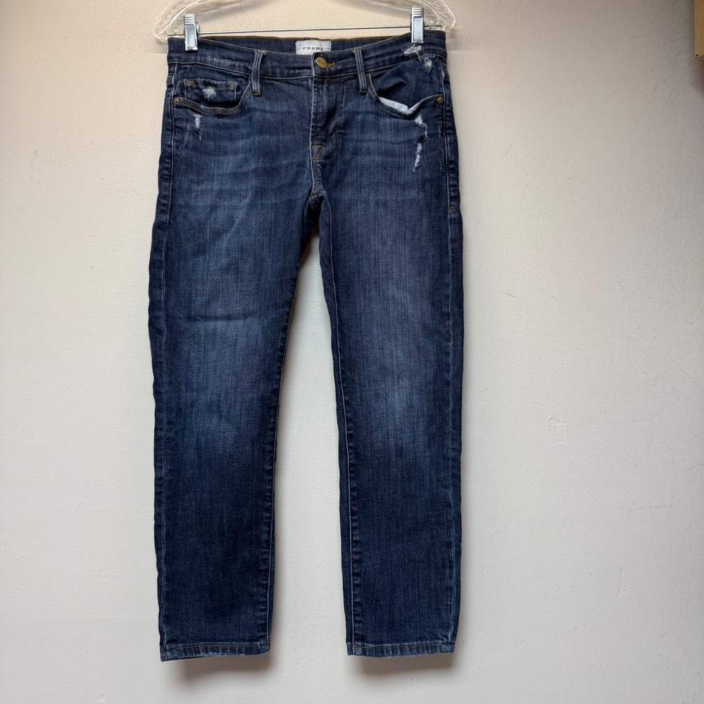 FRAME Le Garçon Crop Jeans Womens 27 Dark Wash Indigo Good Distressed Slim Fit